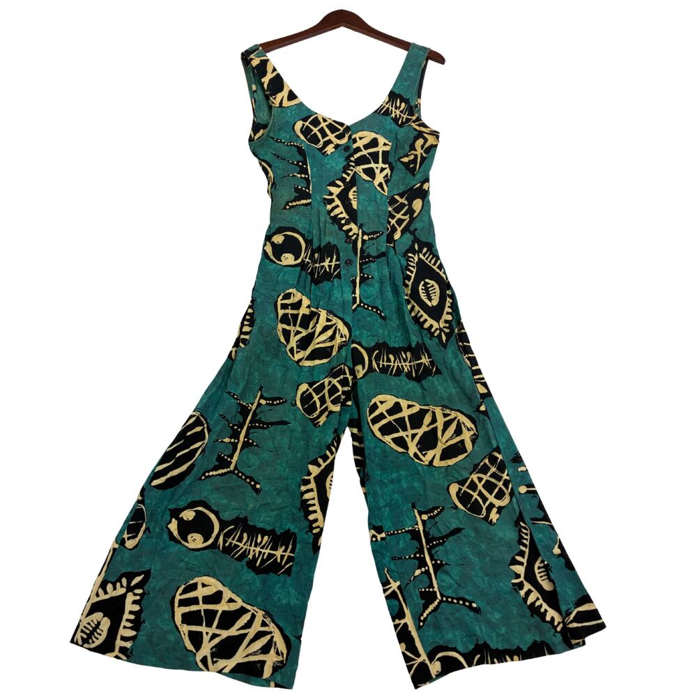 Vintage All That Jazz Jumpsuit Women Teal Black Abstract Print Wide Leg USA - Picture 1 of 9